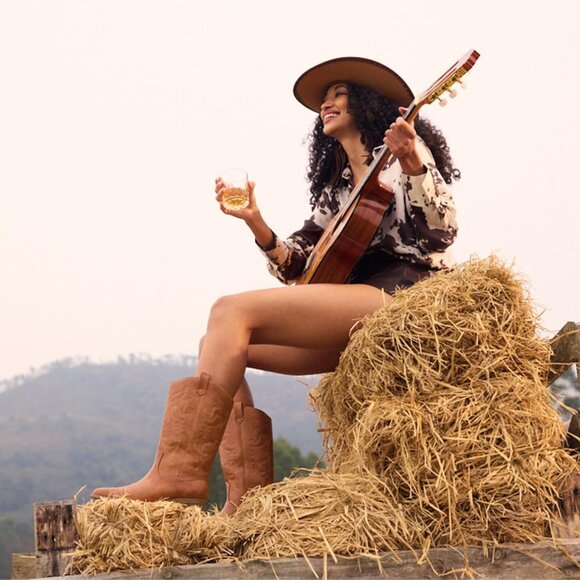 Women's Tan Pointed Toe Pull On Wide Calf Pu Chunky Low Heel Cowgirl Boots - Picture 7 of 7